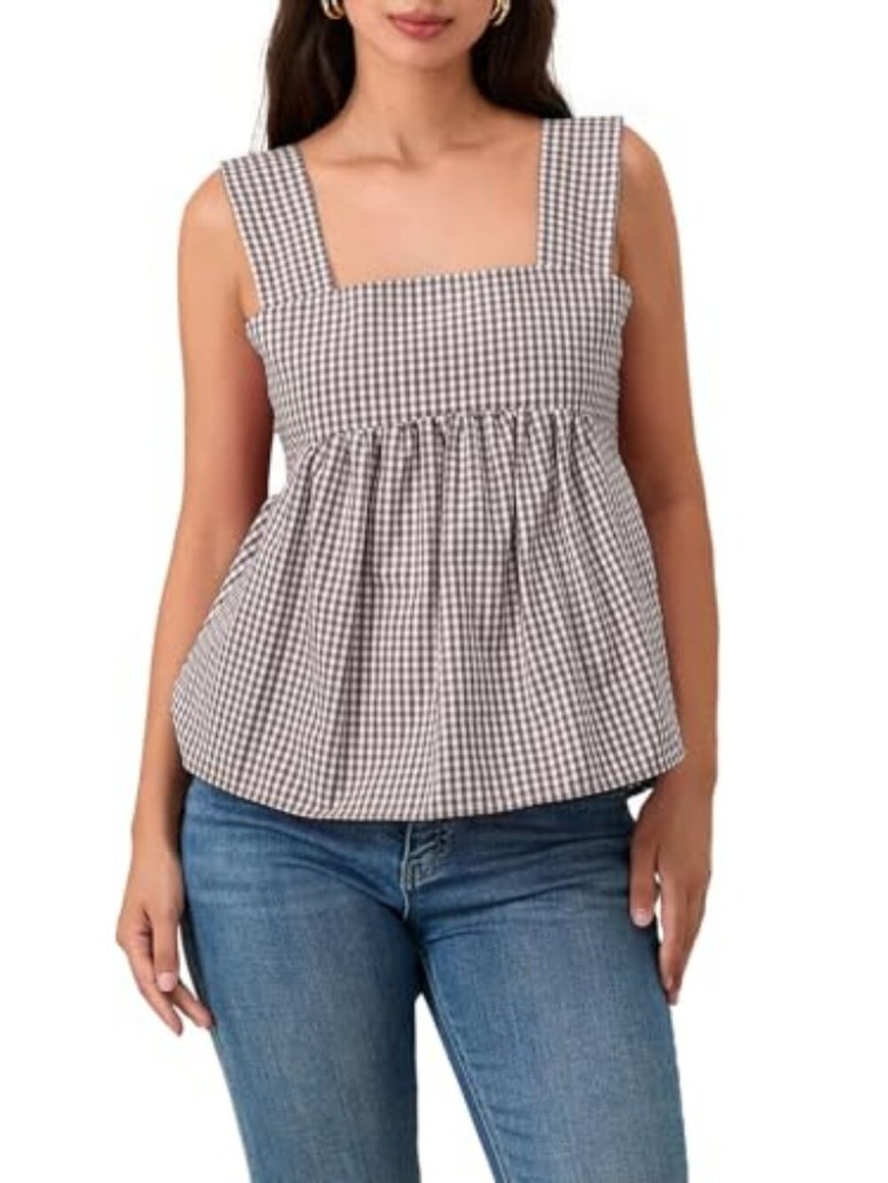 Women Y2k Going Out Tank Tops Gingham Square Neck Peplum Cami Tank Sleeveless Ba